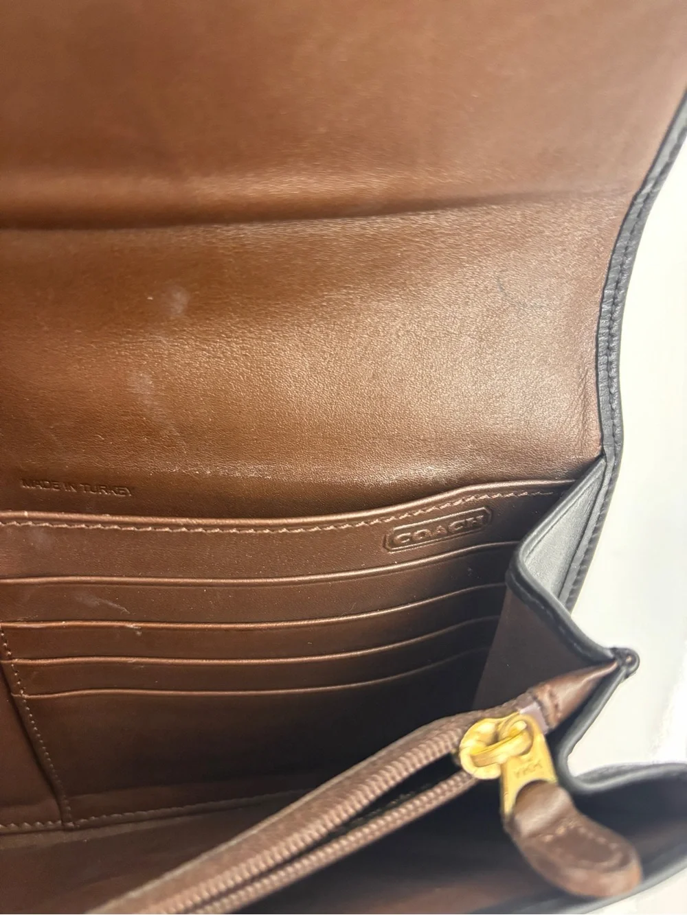 Vintage Coach Black Leather Continental Wallet Brown Interior Made in Turkey